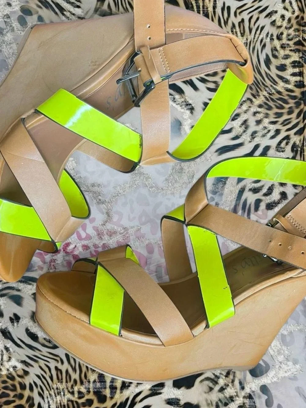 Vintage Mattys Neon yellow and tan platform wedge sandals